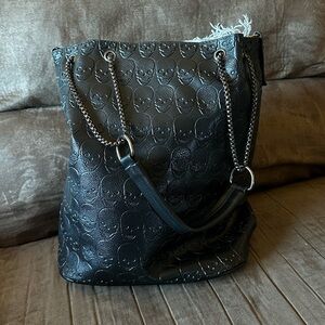 black leather skull bucket bag  / edgy purse w/ chain straps and skull detailing